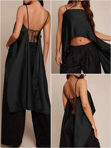 Maweii Áo camisole satin cỡ lớn kiểu nữ thần, ngắn phía trước, dài phía sau với chi tiết dây mảnh. - màu đen - Xem 8