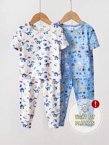 4件套男婴恐龙太空图案针织短袖上衣和长裤套装，春夏修身睡衣 - 彩色 - 查看 3
