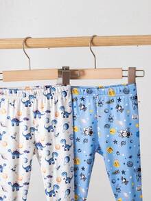 4件套男婴恐龙太空图案针织短袖上衣和长裤套装，春夏修身睡衣 - 彩色 - 查看 4