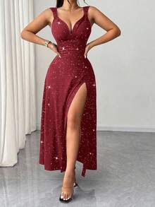 Rafferiza 女士黑色优雅纯色V领高弹紧身派对连衣裙，百搭时尚开衩设计，适合约会/派对/夜店/街头/万圣节/情人节/生日等场合，也可作为婚礼宾客礼服、优雅连衣裙或乡村音乐会服装。 - 紅色 - 查看 6