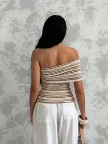 Glamine Chic Women's Khaki Striped Rib Knit Off The Shoulder Short Sleeve Asymmetrical Top - Khaki - View 2