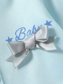 2pcs Baby Girls Newborn Knitted Elastic Double-Sided Flat Fabric Light Blue Beanie Hat & Long Sleeve Romper Set With Chest Flower, English Text & Cute Bow Accent - Baby Blue - View 6