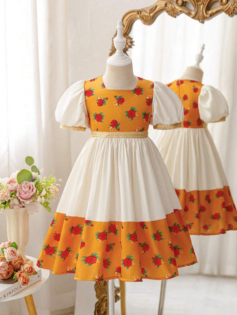 Glamorique Kids 少女碎花印花方领荷叶边短袖复古连衣裙 - 杏色 - 查看 1