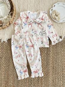 2pcs Baby Girls Cute Rabbit Bow Floral Print Doll Collar Ruffle Trim Long Sleeve Top And Pants Homewear Set - Apricot - View 9