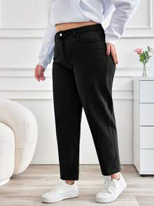 EURMUSE Plus Size Casual Versatile Washed Tapered Jeans - Black - View 4