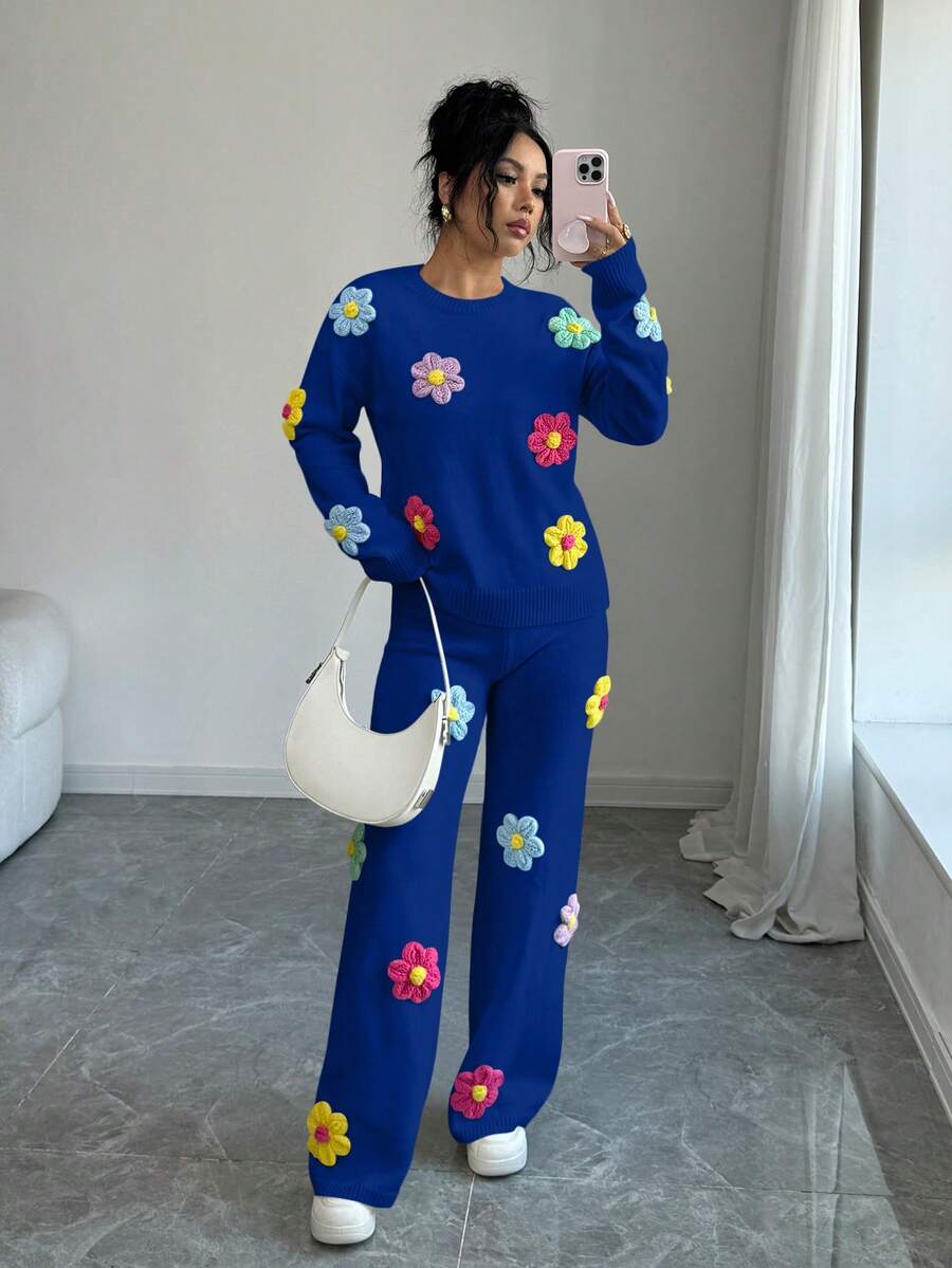 Selianne Damen Pullover mit rundem Ausschnitt, Drop-Shoulder und 3D Blumen, kombiniert mit 3D Blumen Gerades Bein Sweathose - Königsblau - Übersicht 1