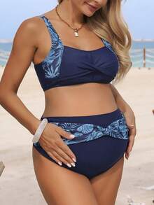 SHEIN Pregnant Women's Summer Beach Floral Print Ruched Stylish Bikini Swimsuit Set - Multicolor - View 3