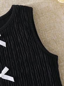 Young Girl Round Neck Color Block Bowknot Split Back Sleeveless Knit Tank Top,Cute Vintage Fashion Black Summer First Birthday Mom&Daughter Matching - Black - View 4
