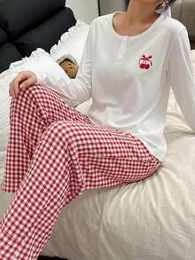 Girls' Cherry Plaid Pattern Half-Placket Top & Elastic Waist Shorts 2 Pieces Pajama Set Cherry Pajama Set - Red and White - View 4