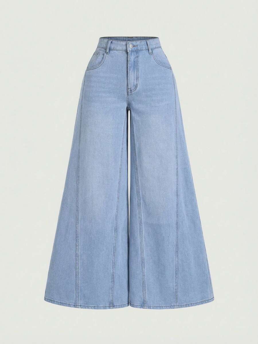SHEIN MOD Celana Jeans Wanita Ukuran Plus dengan Kantong dan Potongan Lebar - Biru - View 1