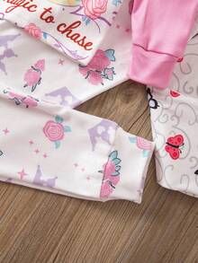Bộ đồ mặc nhà thoải mái, ôm sát, cổ tròn, họa tiết công chúa và bướm, phối màu, dành cho bé gái, gồm 4 món, thích hợp cho mùa Thu/Đông. - Nhiều màu - Xem 3