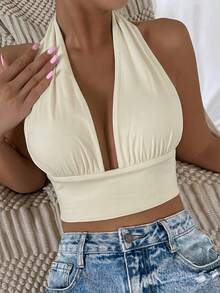 Glamine Women's Simple Solid Color Halter Cropped Tank Top, Summer - Apricot - View 3
