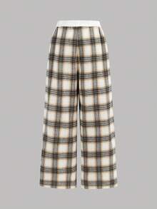 SHEIN Girlism Quần ống rộng kẻ caro cho bé gái tuổi teen, chất liệu microfleece, thích hợp mặc hàng ngày hoặc làm đồ thể thao. - Màu Khaki - Xem 2