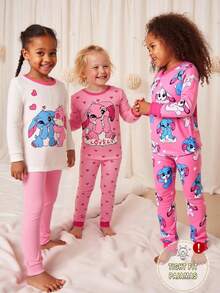 SHEIN GraphicGems 3 件套女童睡衣套装，可爱海洋生物全身印花舒适圆领长袖上衣和长裤，睡衣套装 - 彩色 - 查看 3