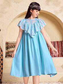 SHEIN Đầm ngắn tay dáng suông họa tiết hoa cho bé gái tuổi teen. - Màu xanh lam - Xem 6