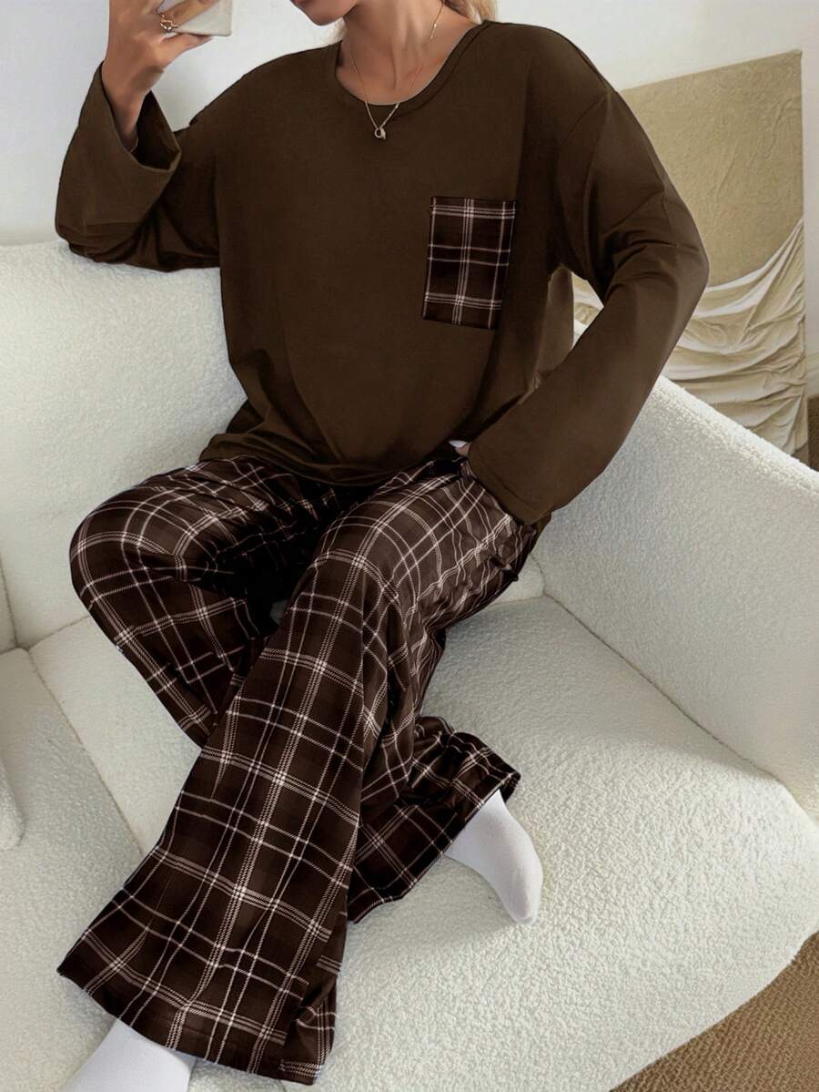 SHEIN Women's Casual Loose Plaid Print Round Neck Pajama Set - Coffee Brown - View 1