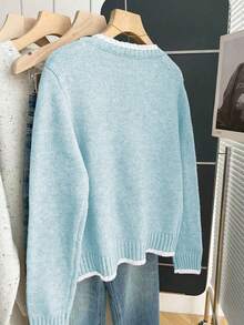 Franclia 法式复古宽松圆领长袖撞色滚边针织开衫，女士秋冬款 - 藍白色 - 查看 2