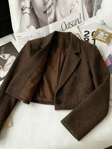 Chiquease 2025新款女士欧式短款羊毛混纺西装外套 | 休闲办公简约春秋季 - 棕色 - 查看 5