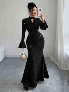 Elenzga New V-Neck Textured Metallic Twist Front Flare Sleeve Dress, Elegant & Versatile For Vacation, Casual Daily Wear, Autumn/Winter - Black - View 7