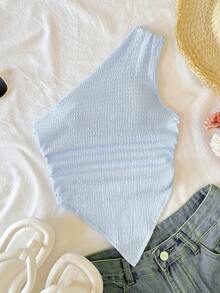 SHEIN Camiseta corta de punto texturizado con bajo asimétrico para niña preadolescente - Celeste - Ver 1
