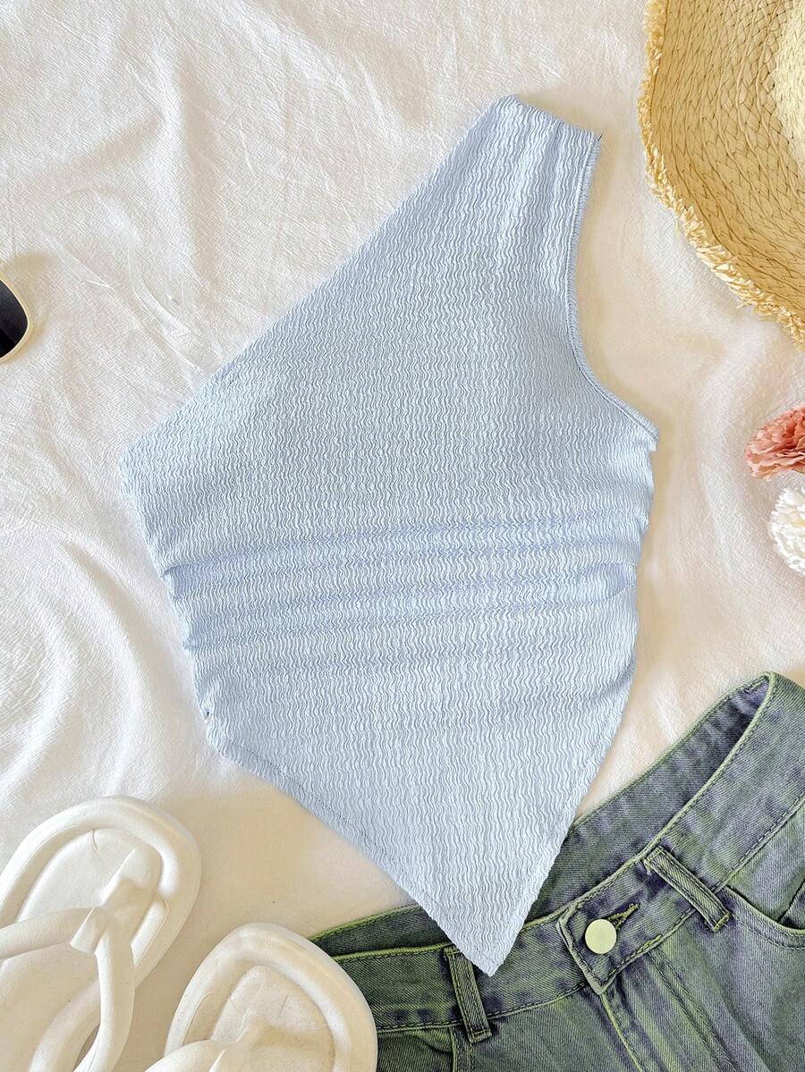 SHEIN Camiseta corta de punto texturizado con bajo asimétrico para niña preadolescente - Celeste - Ver 1