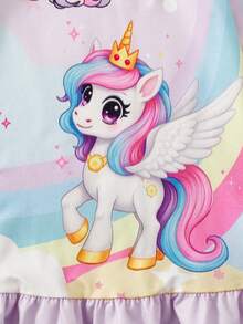 Baby Girls' Unicorn, Rainbow, Cloud & Moon Print Ruffle Hem Loose Comfortable Long Sleeve Dress, Nightgown & Loungewear - Purple - View 4