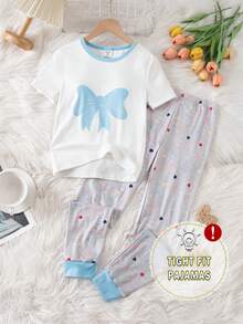 2pcs Girls Cute Blue Bow Pattern Pajama Set, Short Sleeve Top And Leggings - Blue and White - View 3