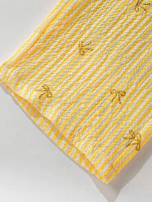 Set de 2 piezas para niñas jóvenes con top de tirantes con estampado de rayas y moño, y pantalones de pierna ancha con volantes, dulce y fresco, para verano - Amarillo - Ver 3