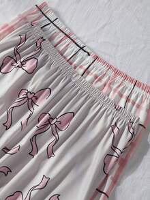 2pcs/Set Teenage Girls' Casual Cute Bow Plaid Print Short Sleeve Top And Pants Pajama Set