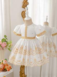 Glamorique Kids 女婴镂空刺绣短袖连衣裙，精致刺绣蕾丝边饰，柔软舒适，适合日常穿着、旅行、婚礼、派对等场合。 - 金色 - 查看 8