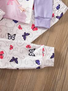 Bộ đồ mặc nhà thoải mái, ôm sát, cổ tròn, họa tiết công chúa và bướm, phối màu, dành cho bé gái, gồm 4 món, thích hợp cho mùa Thu/Đông. - Nhiều màu - Xem 6