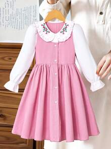 Tween Girls Cute Peter Pan Collar Embroidered Contrast Color Dress - Pink - View 3
