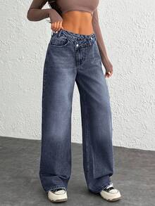 WOMEN CLASSIC HIGH WAIST WIDELEG MEDIUM WASH DENIM JEAN ASYMETRIC WAIST Y2K