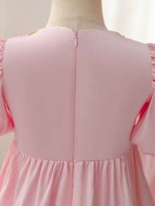 Glamorique Kids Young Girls' Retro Style Puff Sleeves V-Neck Pink Dress - Pink - View 3