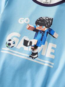 两件套男童贴身睡衣套装，兔子印花长袖上衣和长裤，弹力睡衣，适合春秋季穿着 - 彩色 - 查看 4