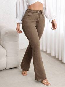 SHEIN Tall Casual Washed High Waist Flare Leg Jeans - Coffee Brown - View 7