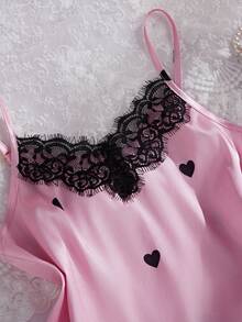 女童优雅黑色爱心蕾丝拼接柔软缎面吊带背心和长裤两件套睡衣 - 彩色 - 查看 4