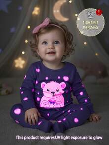 2pcs Baby Girls' Cute Bear & Heart Glow-In-The-Dark Print Bodysuit & Pants Pajama Set