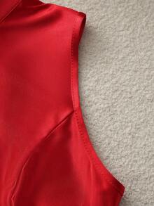 SHEIN Franclia 女士无袖连衣裙，立领设计，右侧饰有装饰缝线，左侧开衩下摆，后背拉链，收腰，中国元素设计 - 紅色 - 查看 5