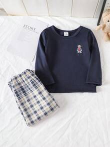 Genkimix Kids 2件組男嬰純色海軍藍長袖上衣與格紋長褲舒適睡衣 秋季/秋冬圓領針織柔軟舒適可愛居家服 室內穿著 - 寶藍色 - 查看 4