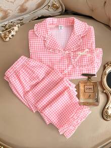 2pcs Girls Elegant Textured Fabric Frill Trim Pink & White Plaid Long Sleeve Top And Pants Pajama Set Pajama Set Pink Gingham - Pink - View 1