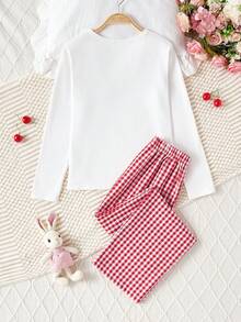Girls' Cherry Plaid Pattern Half-Placket Top & Elastic Waist Shorts 2 Pieces Pajama Set Cherry Pajama Set - Red and White - View 2