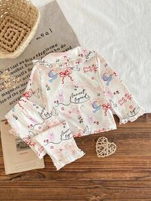 2pcs Baby Girls Cute Rabbit Bow Floral Print Doll Collar Ruffle Trim Long Sleeve Top And Pants Homewear Set - Apricot - View 2