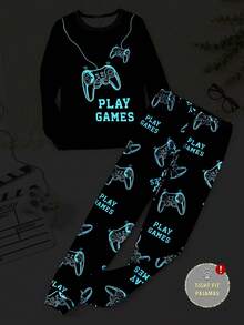 2pcs Teenage Boys' Luminous Game Controller Pattern Snug Fit Long Sleeve Pajama Set Snug Fit Gamer Boys  Sets - Blue - View 8