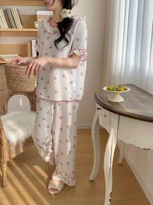 2pcs Comfortable Corduroy Tulip Floral Pattern Crew Neck Long Sleeve Pajama Set For Teens - White - View 4
