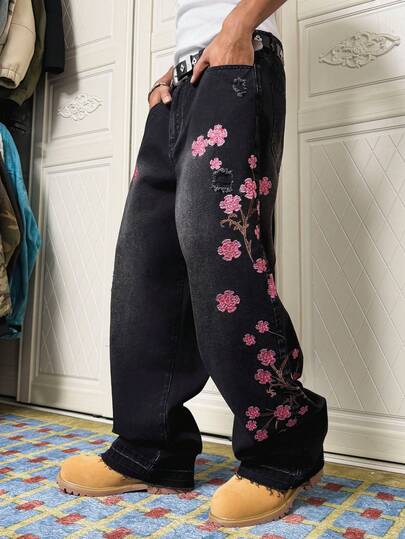 Manfinity EMRG Men's Casual Distressed Embroidered Jeans Cherry Blossom Jeans Flower Pants Distressed Jeans, Perfect Holiday Gift For Boyfriend & Husband