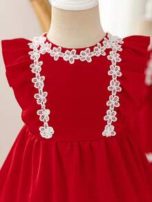 SHEIN Glamorique Kids 女婴优雅蕾丝边荷叶边连衣裙 - 紅色 - 查看 4