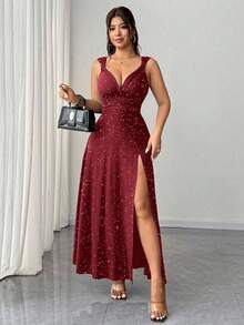 Rafferiza 女士黑色优雅纯色V领高弹紧身派对连衣裙，百搭时尚开衩设计，适合约会/派对/夜店/街头/万圣节/情人节/生日等场合，也可作为婚礼宾客礼服、优雅连衣裙或乡村音乐会服装。 - 紅色 - 查看 5