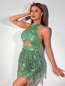 Glamine Đầm hở lưng, cổ yếm đính sequin, khoét eo, màu đỏ tía, thích hợp cho tiệc năm mới và lễ hội dành cho nữ. - Màu xanh Bạc hà - Xem 6