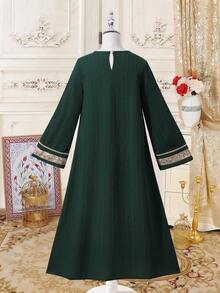 SHEIN Tween Girl Floral Embroidery Pattern Fringe Design Casual Loose Fit Party Bell Sleeve Dress - Dark Green - View 2